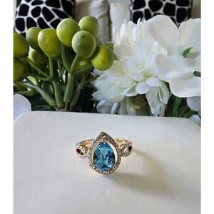 Gold Plated CZ Blue Clear Pear Ring Size 7 New
